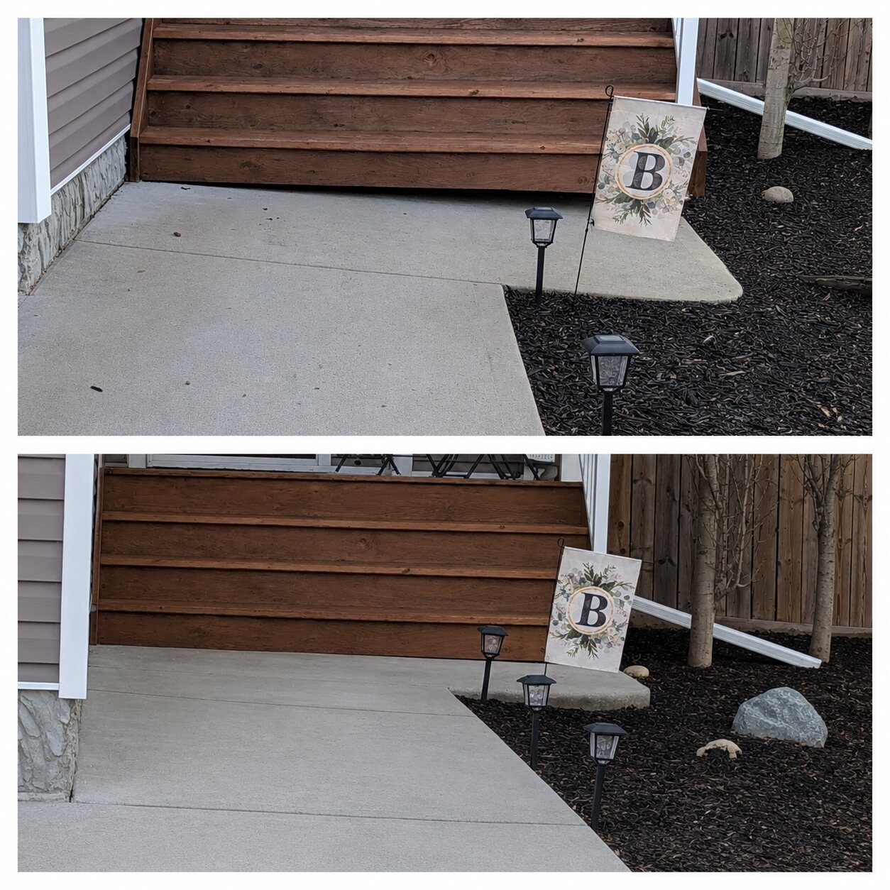 Concrete steps leveled with foam, before and after, Edmonton